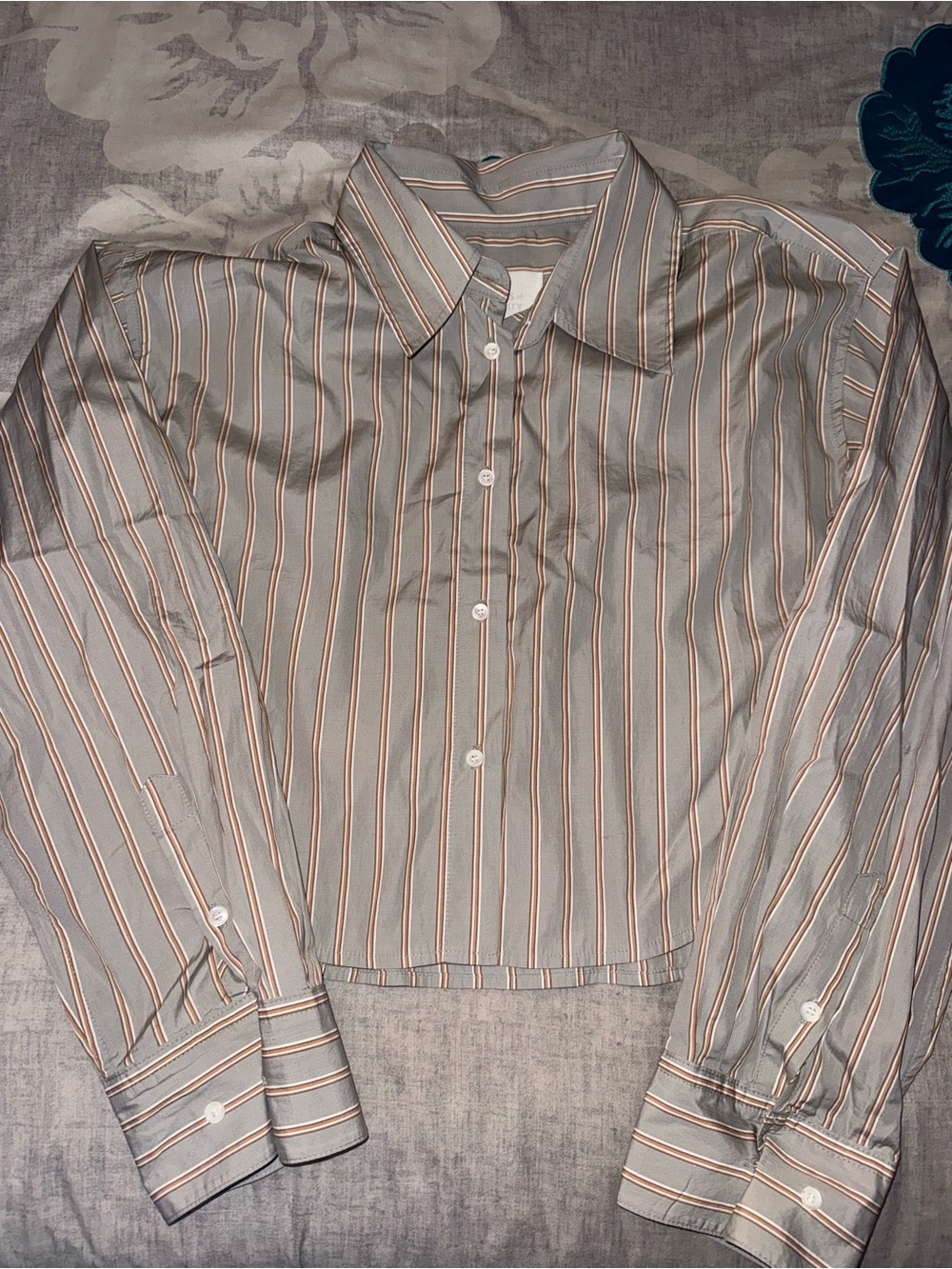 Striped Button-Up cropped Shirt - Gray with Thin Orange Stripes
